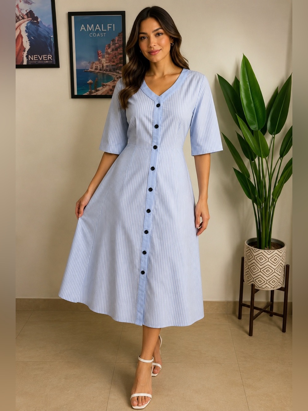 Striped V-Neck Button-Front Midi Dress in Light Blue